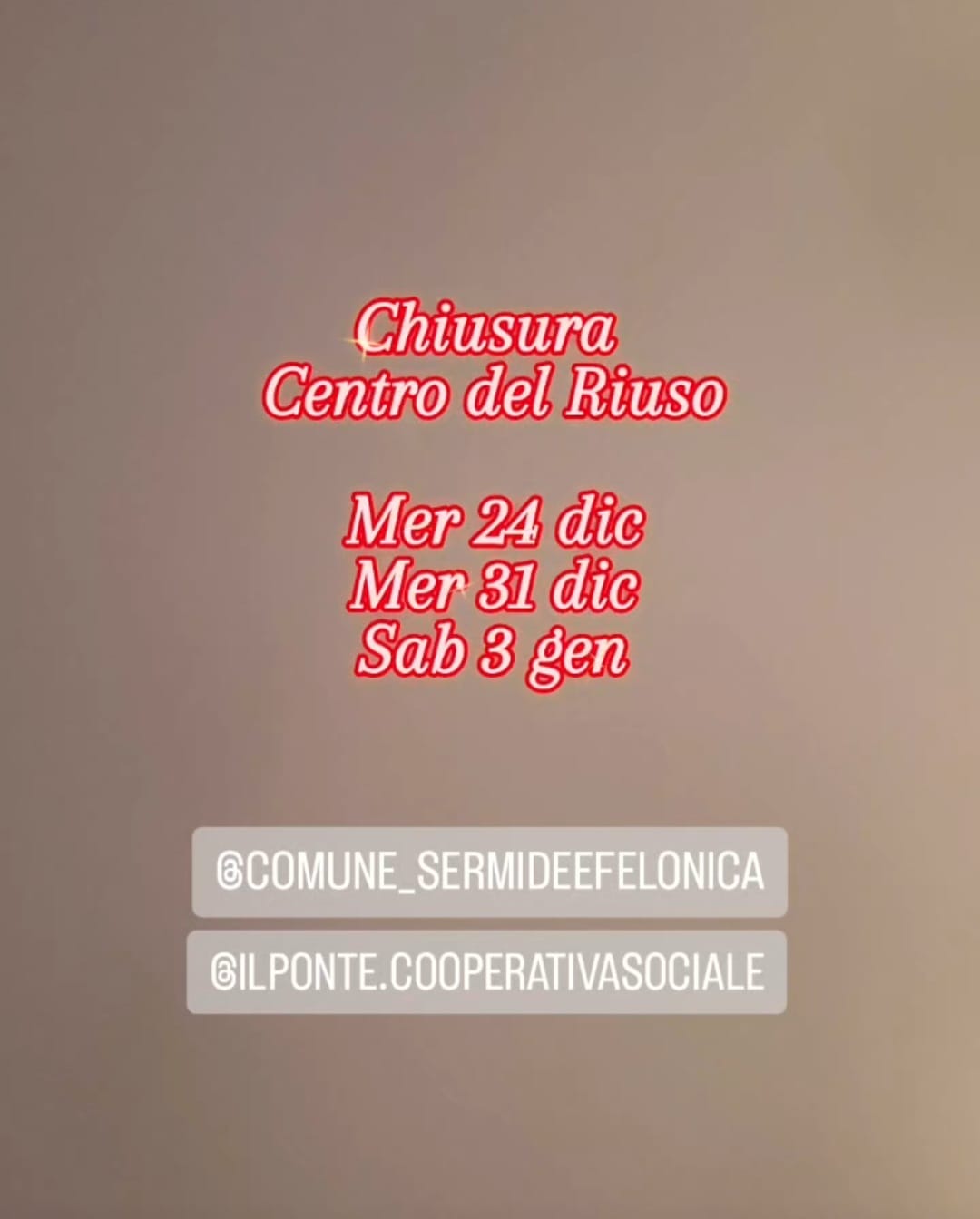 Chiusure del Centro del Riuso nel periodo natalizio